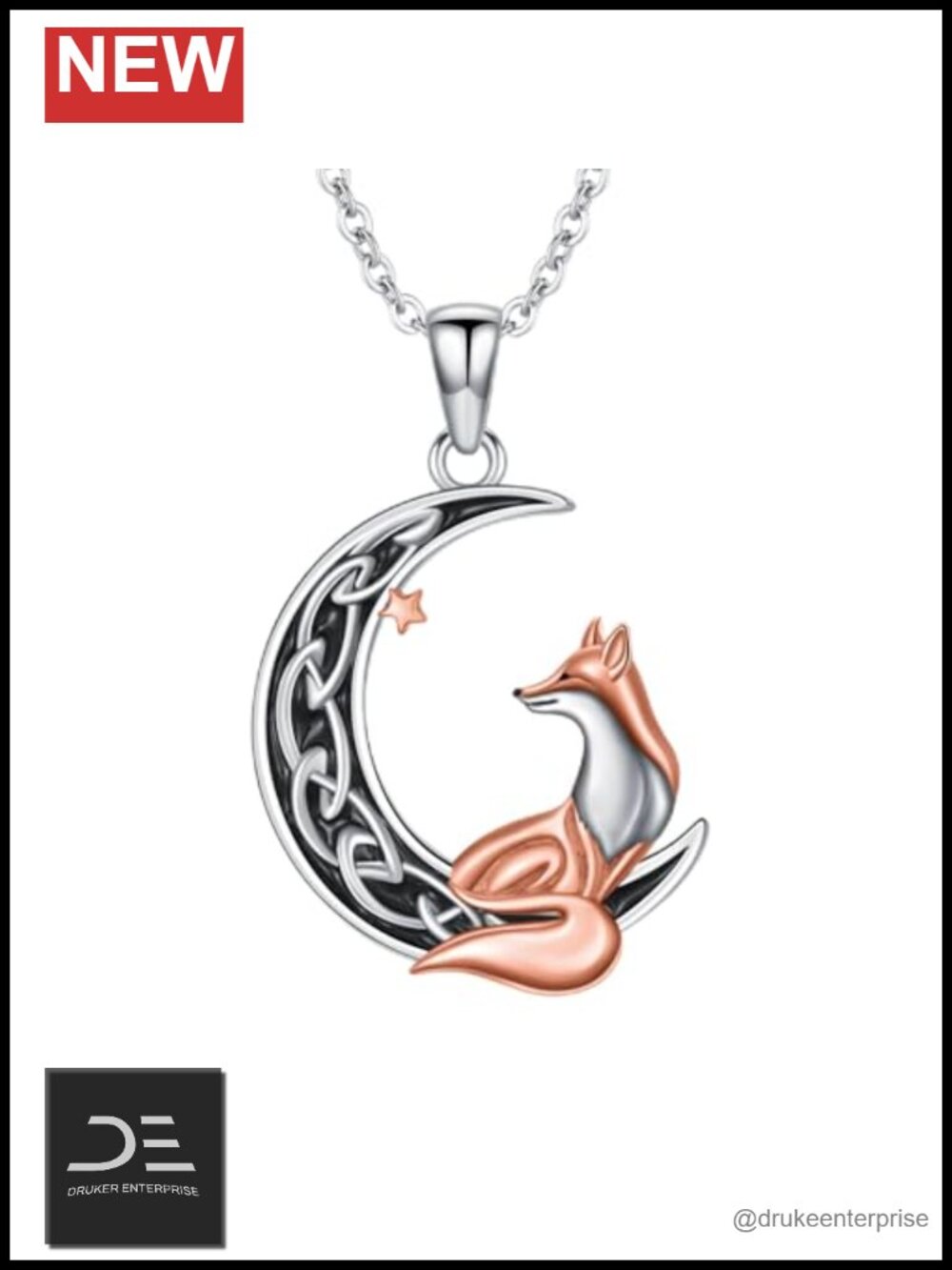 925 Sterling Silver Fox Crescent Moon Pendant Necklace, Celtic Knot Animal